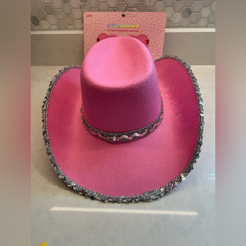 Barbie Pink Country Western Pink Cowgirl Sequence Polyester Hat w/ Heart Glasses - Picture 2 of 7